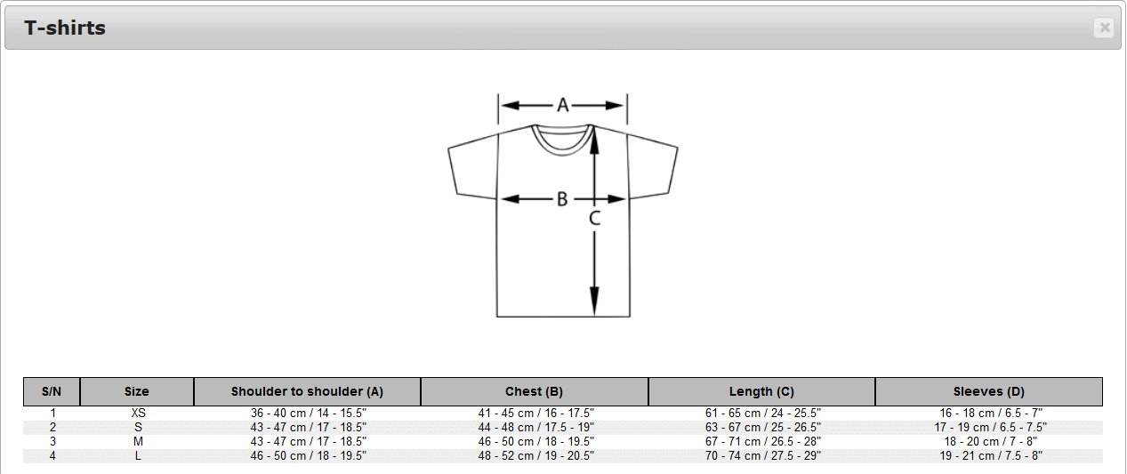 MooTees T-shirt Size Chart